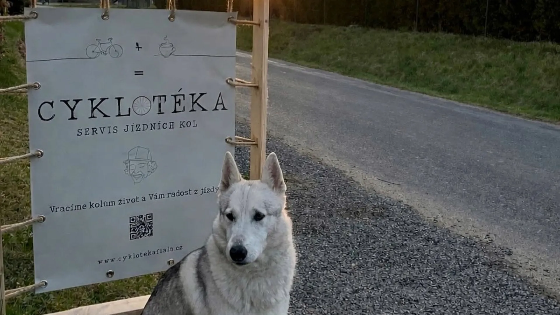 Cedule Cyklotéka – servis jízdních kol u dílny ve Veselí, vedle sedí husky